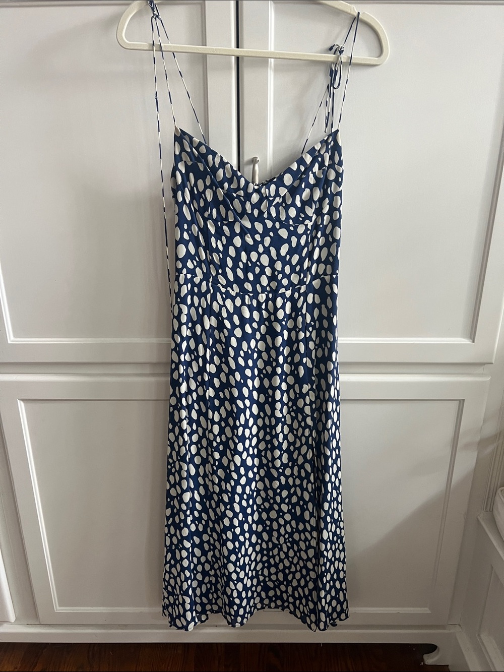 Reformation Navy & White Spotted Slip Midi Dress with Adjustable Straps